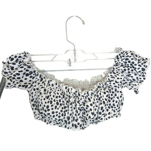 NWT Sheshow Dalmatian Print Ruffle Puff Sleeve Swim Top Womens SM Milkmaid Dots - Picture 1 of 10